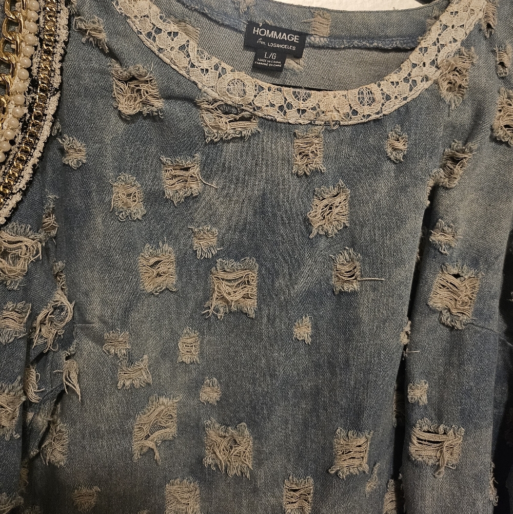 Distressed Denim Cold Shoulder Top - Picture 5 of 7